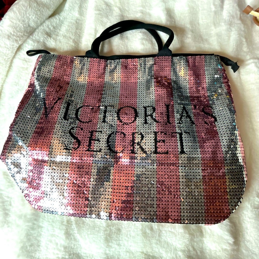 Victorias Secret Large Tote Bag - NEW! RARE Pink & Siver Sequins